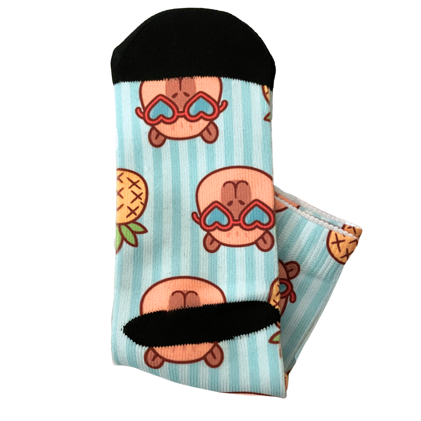 Capybara & Pineapple Socks | Whimsical Crew Style - Light Blue Stripe Novelty (kids)