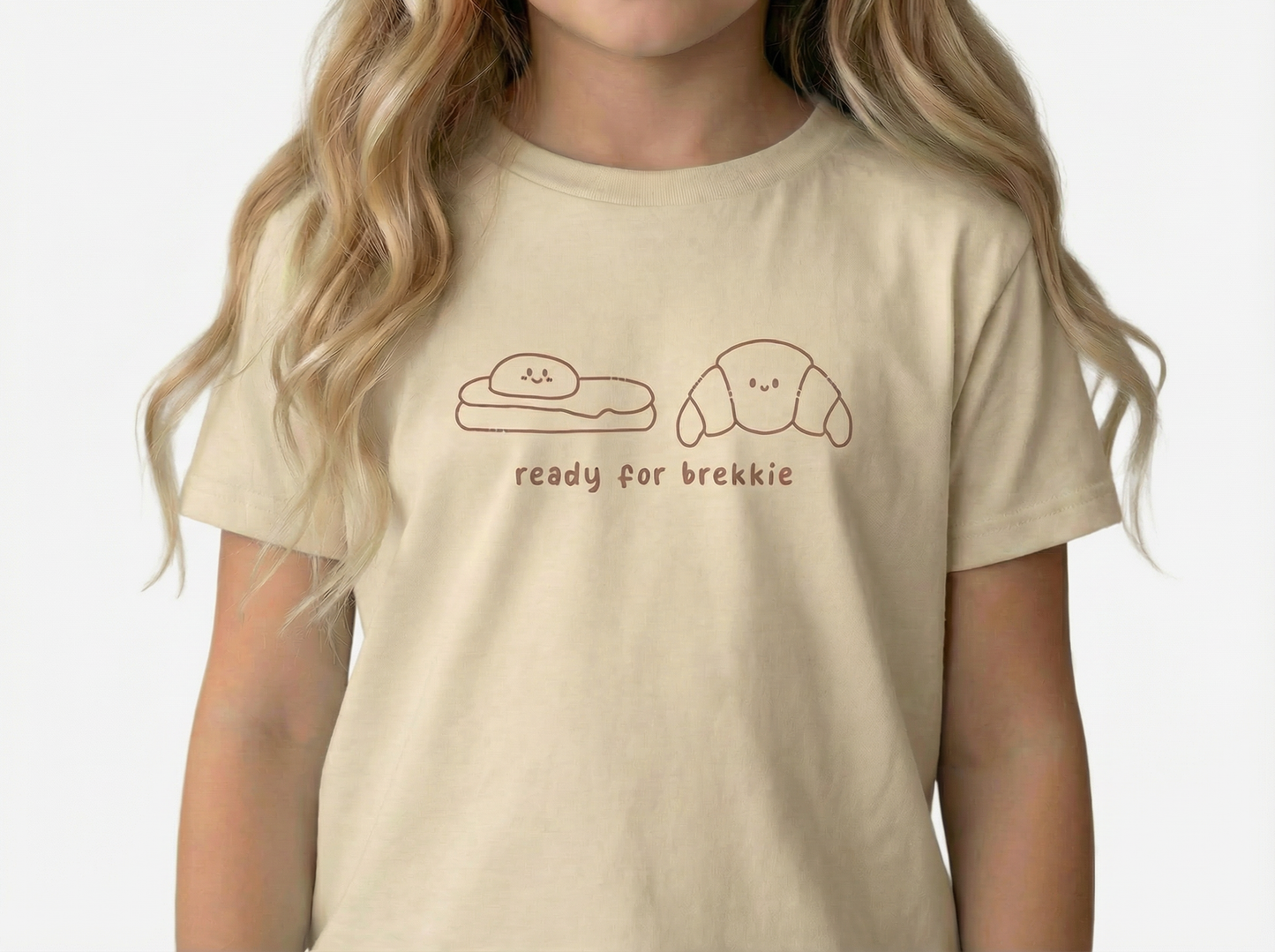 Girl wearing ready for breakkie tee