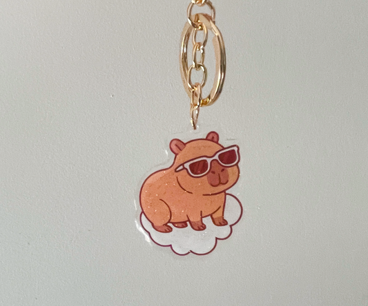 Capybara acrylic keychain glitter epoxy, Cute sunglasses capybara charm