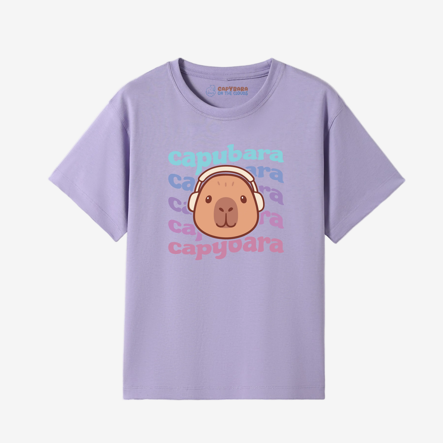 Purple t-shirt with capybara graphic and text on a white background