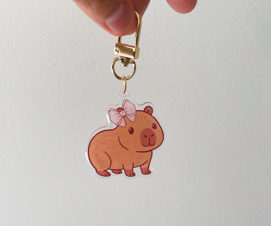 Keychain with a cartoon bear design on a plain background