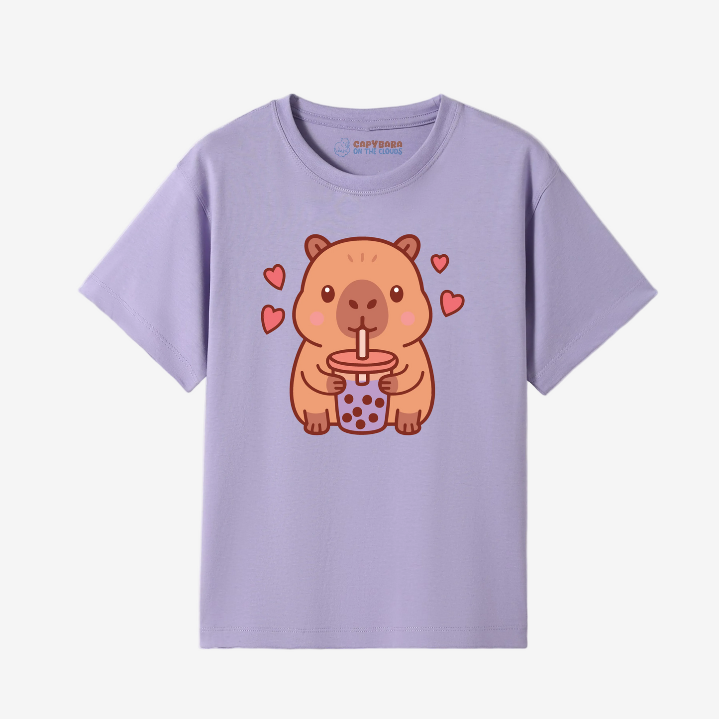 Purple t-shirt with a cartoon capybara drinking bubble tea design on a white background