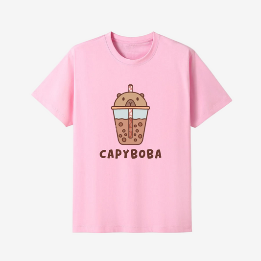 Pink t-shirt with a cartoon cup and 'Capyboba' text on a white background