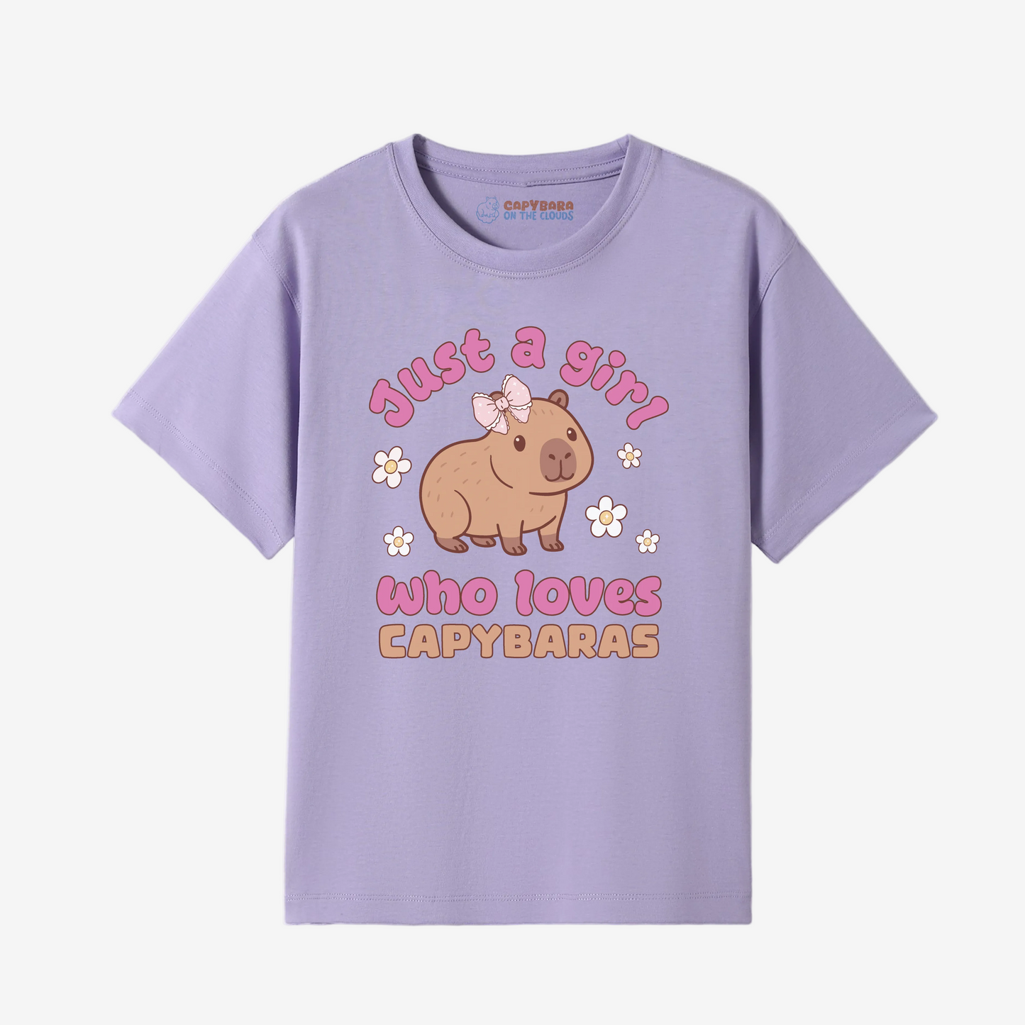 Purple t-shirt with a capybara graphic and text on a white background