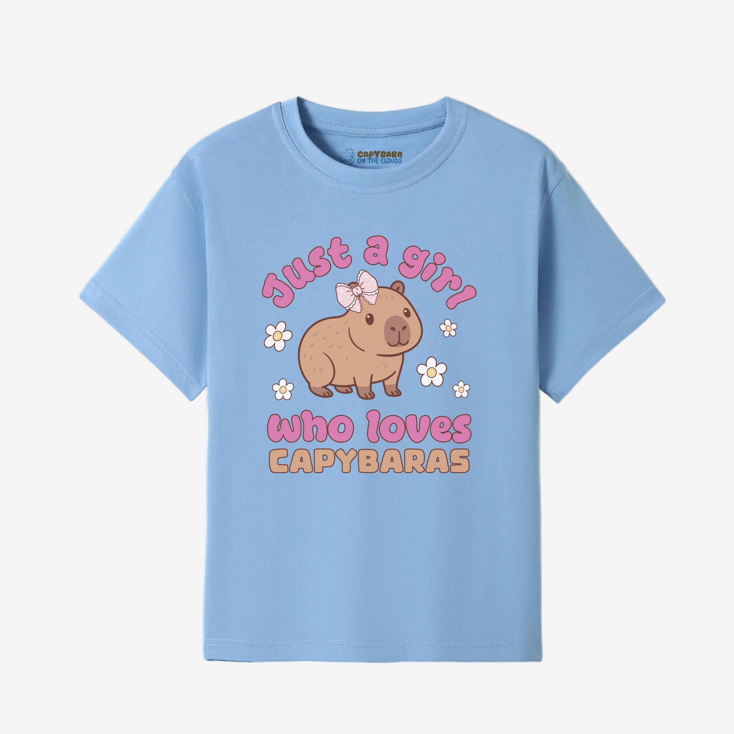 Light blue t-shirt with a capybara graphic and text on a white background