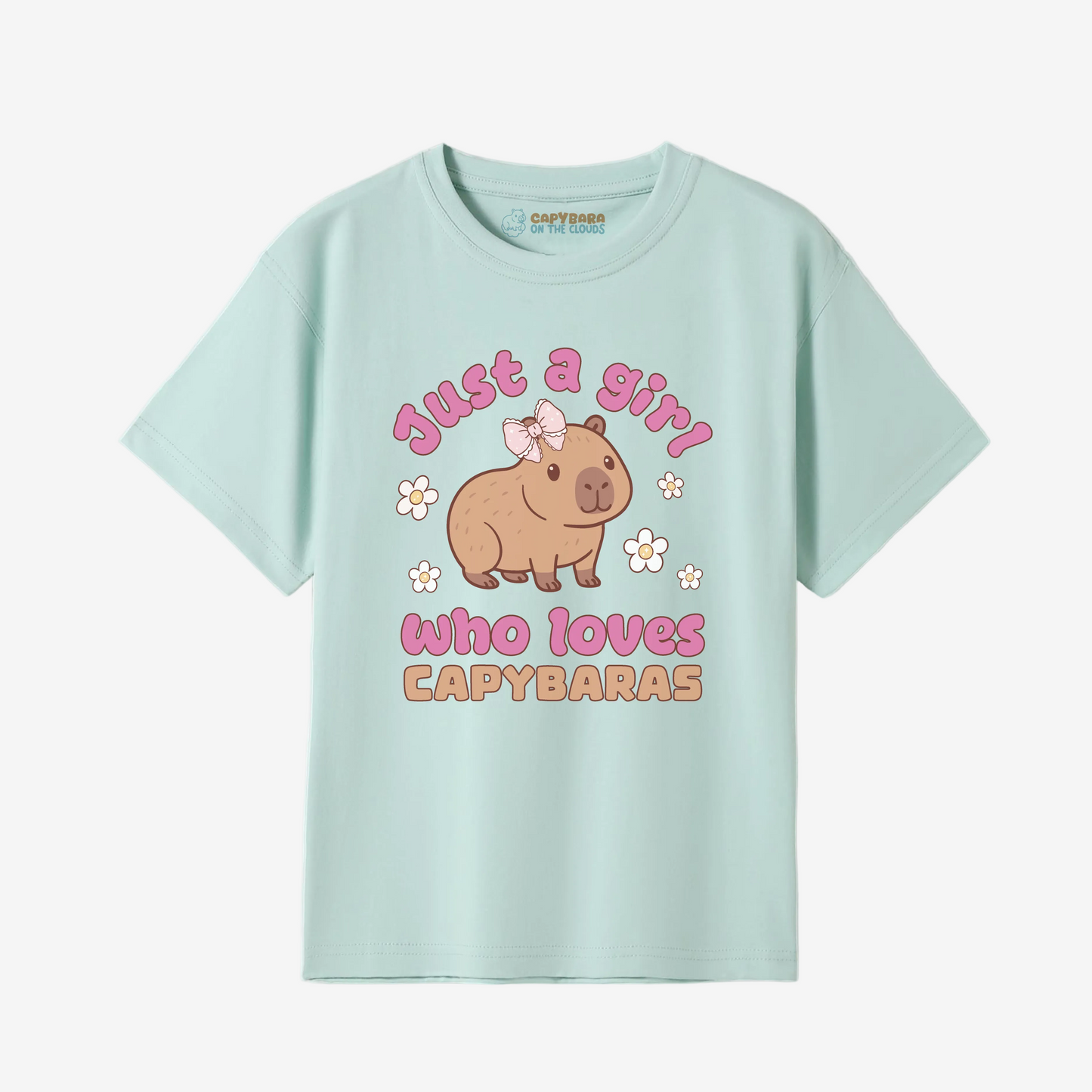 Light blue t-shirt with a capybara graphic and text on a white background