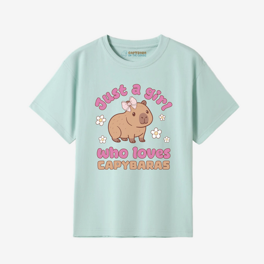 Light blue t-shirt with a capybara graphic and text on a white background