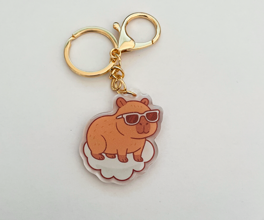 Capybara acrylic keychain glitter epoxy, Cute sunglasses capybara charm