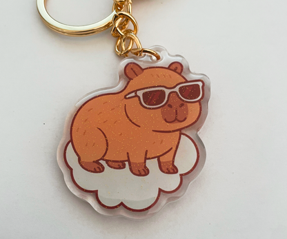 Capybara acrylic keychain glitter epoxy, Cute sunglasses capybara charm
