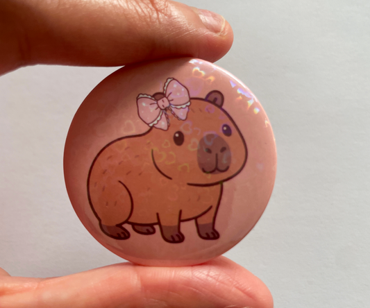 Capybara Button Pin 44mm, Cute Bow Capybara, Holographic Heart Kawaii Animal Badge, Backpack Accessory Pin