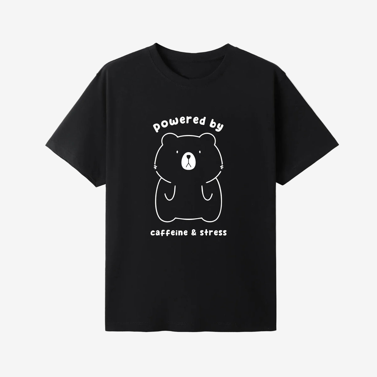 Black t-shirt with a bear graphic and text on a white background