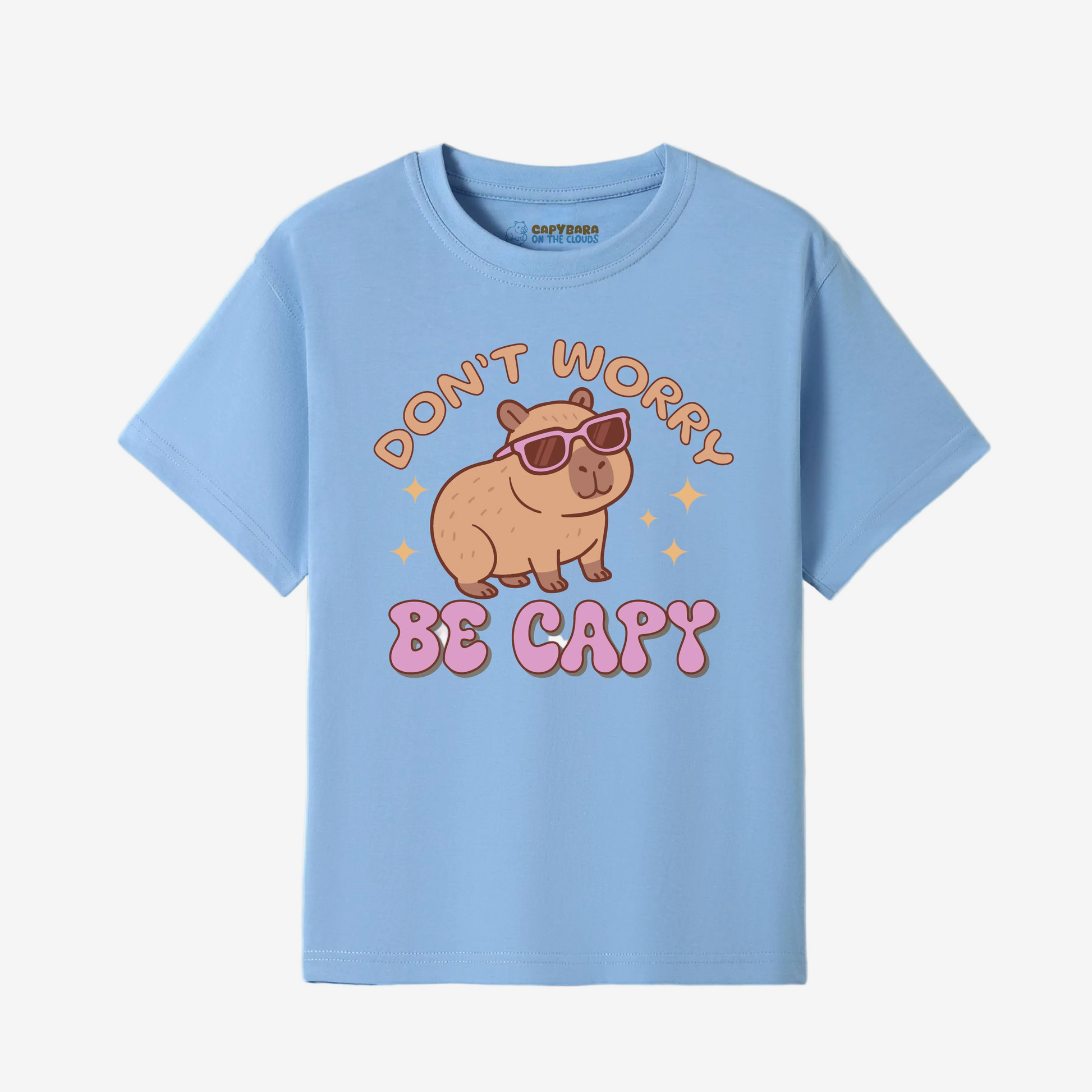 Light blue t-shirt with a cartoon capybara and text on a white background