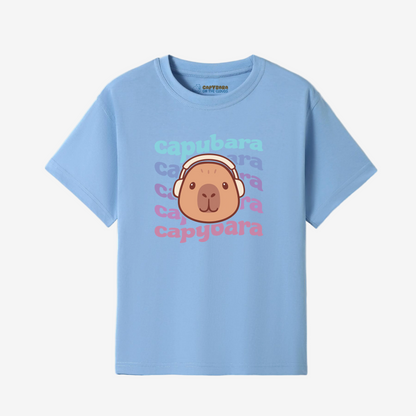 Light blue t-shirt with capybara graphic and text on a white background