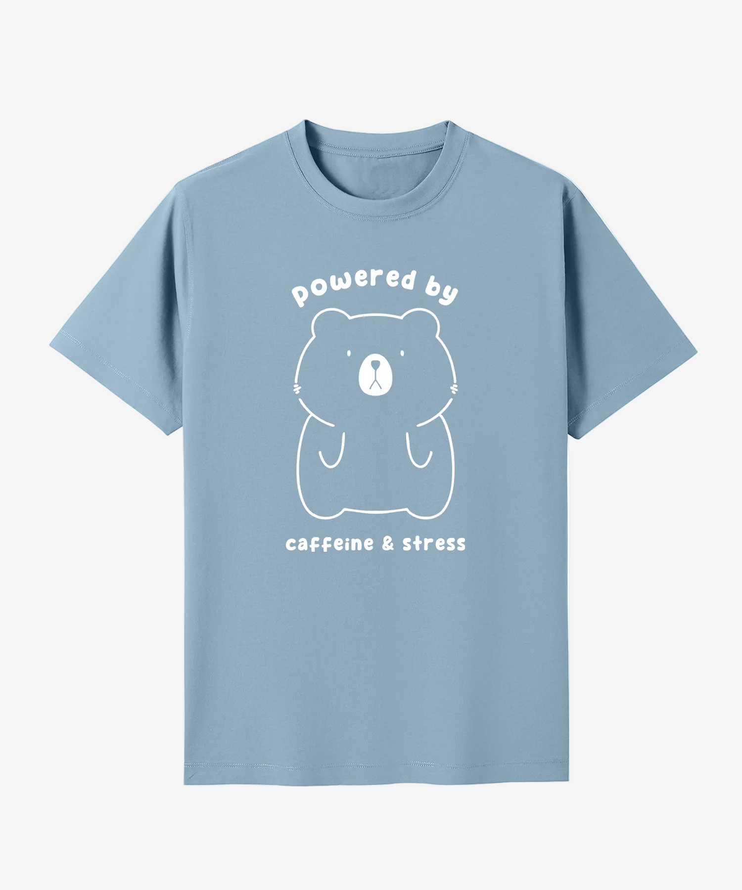 Light blue t-shirt with a bear graphic and text on a white background