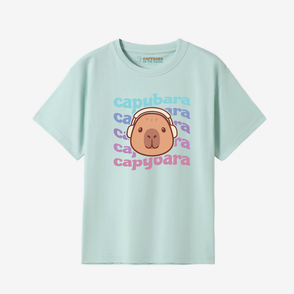 Light blue t-shirt with capybara graphic and text on a white background