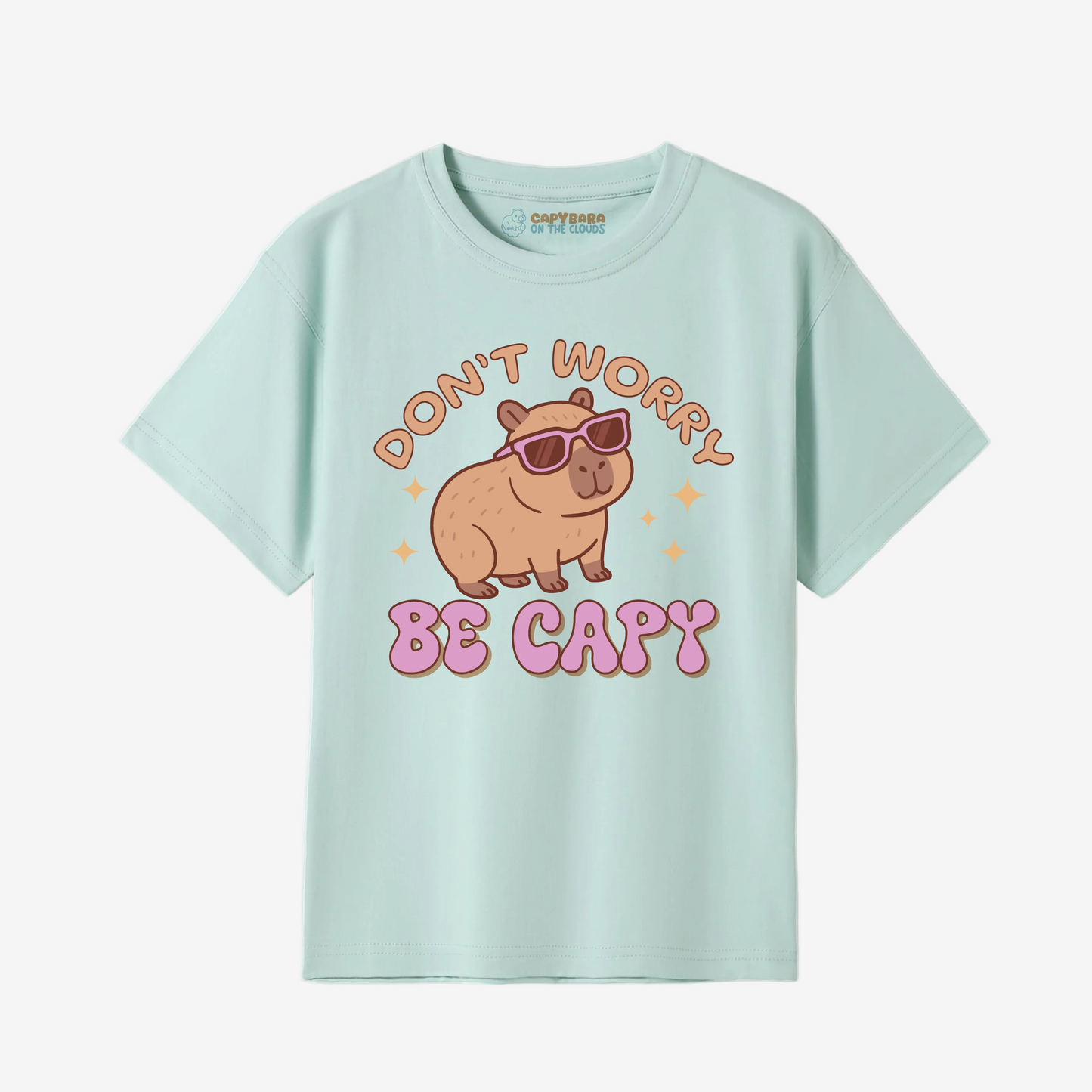 Light blue t-shirt with a cartoon capybara and text on a white background