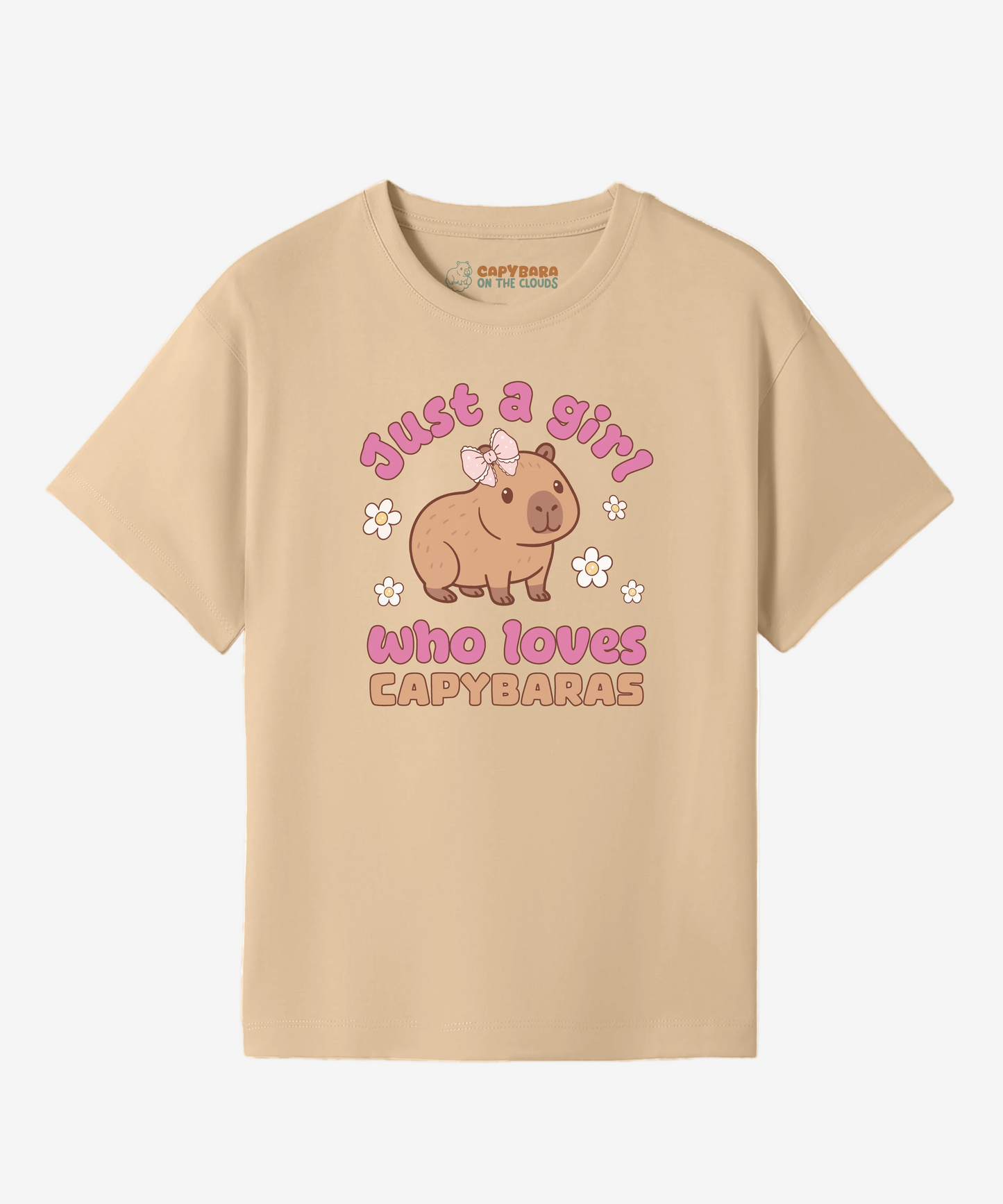 Beige t-shirt with capybara graphic and text on a white background