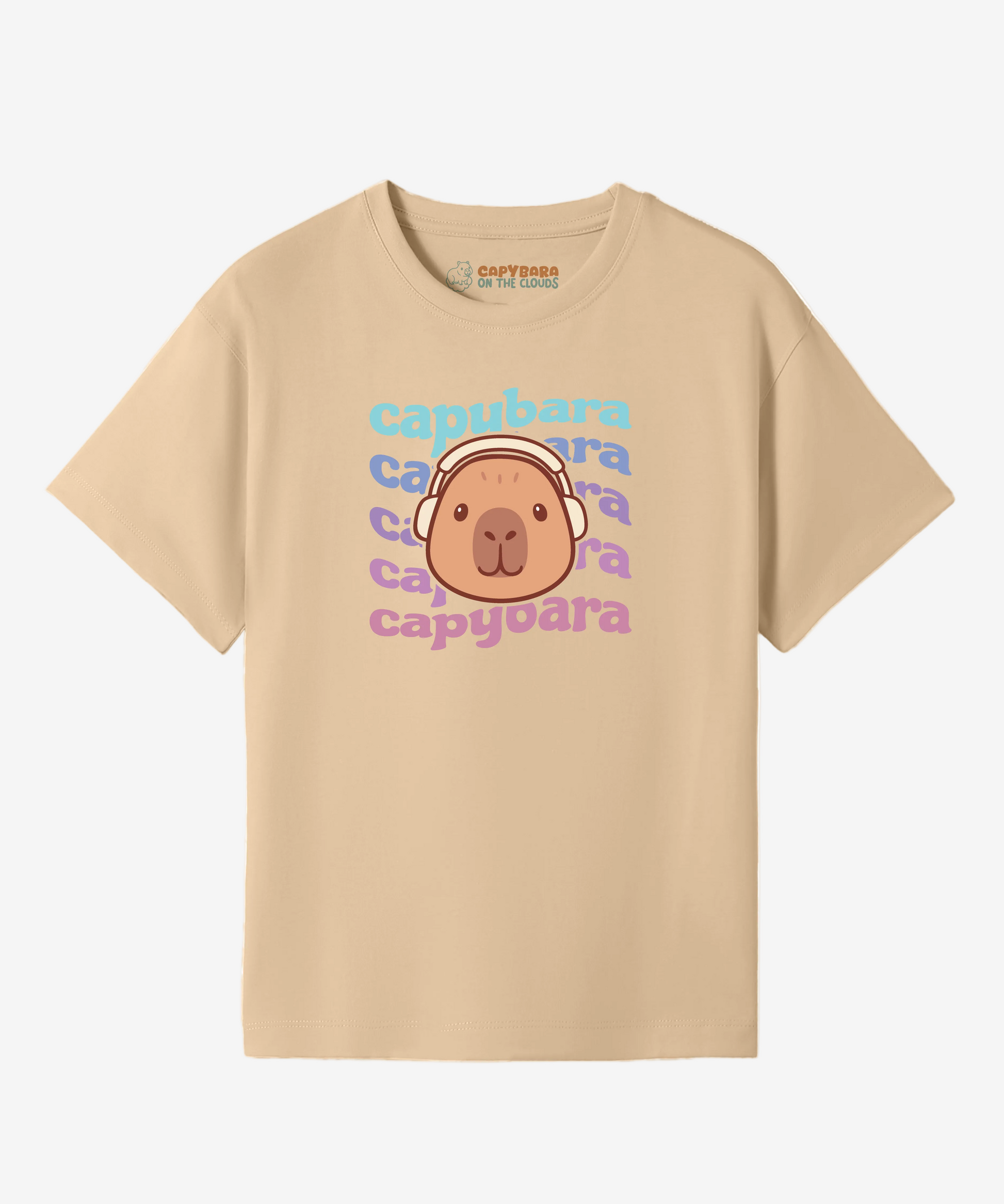 Beige t-shirt with a capybara graphic and text on a white background