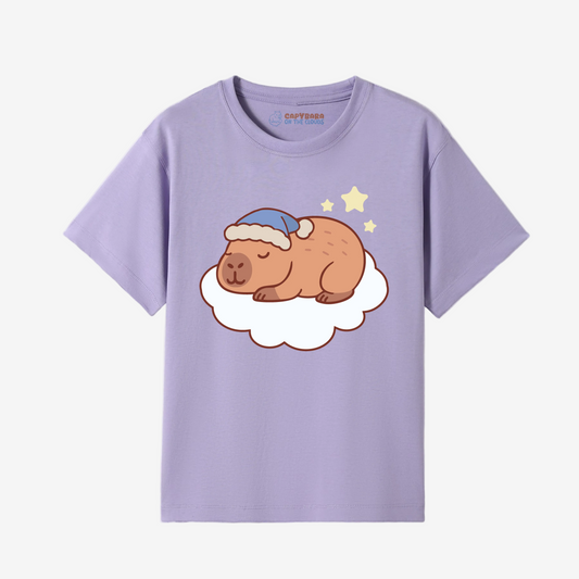 Purple t-shirt with a cartoon guinea pig design on a white background