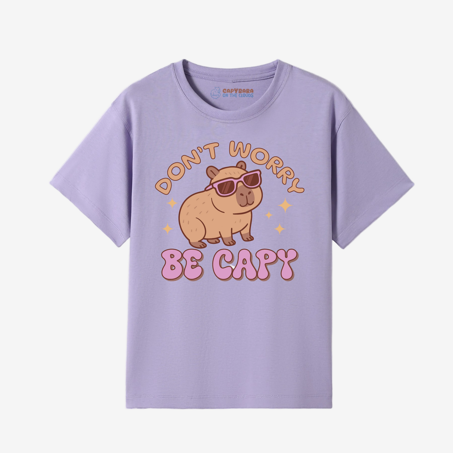 Purple t-shirt with a capybara graphic and text on a white background